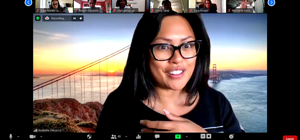 screenshot of a guest speaker at our one of our virtual proposal writing boot camps. Her background is the Golden Gate Bridge